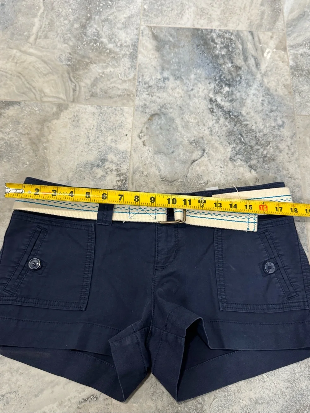 Y2K American Eagle Outfitters Navy Mini Shorts with Cream & Teal Belt